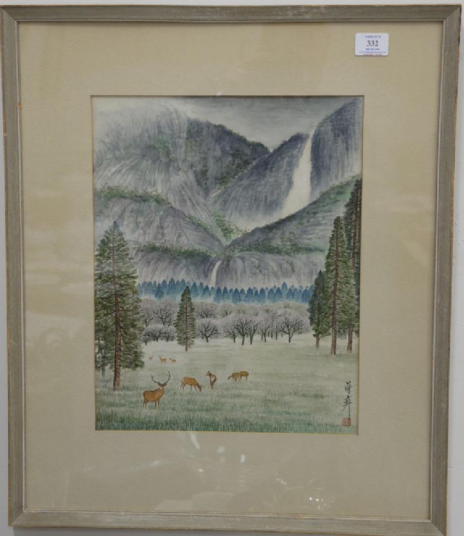 Four framed Asian pieces to include woodblock print (1 of 9)