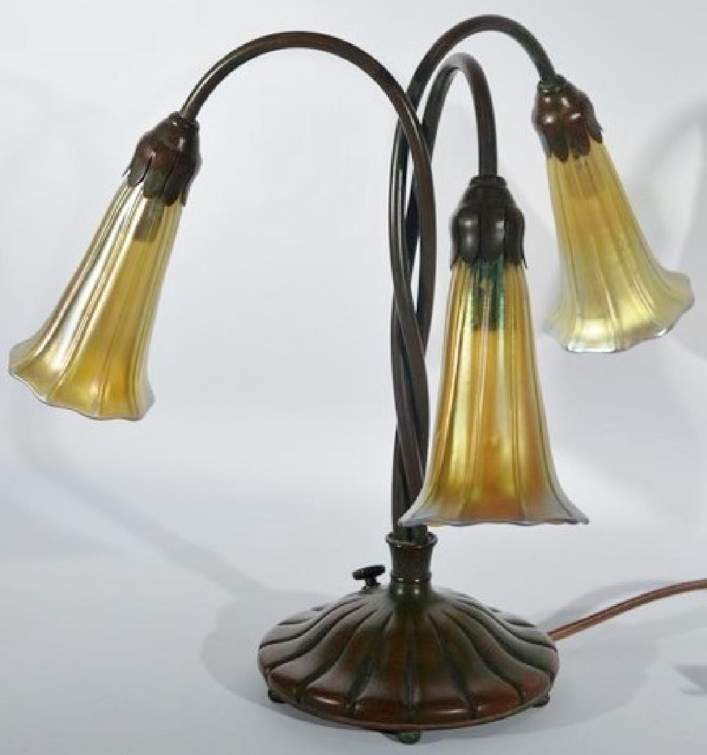 Tiffany bronze three light lamp with art glass shades (1 of 5)