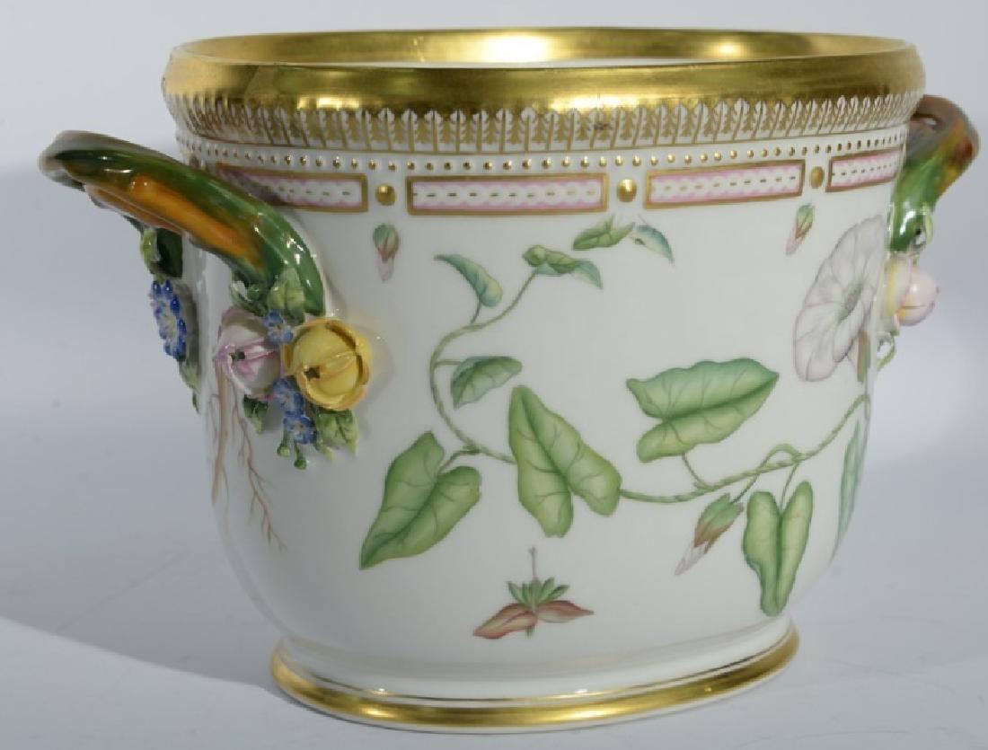 Royal Copenhagen porcelain "Flora Danica" wine cooler: Royal Copenhagen porcelain "Flora Danica" wine cooler having hand painted gold rim over realistic botanical specimen and gilt handles. ht. 6 3/4in., lg. 10 3/4in.