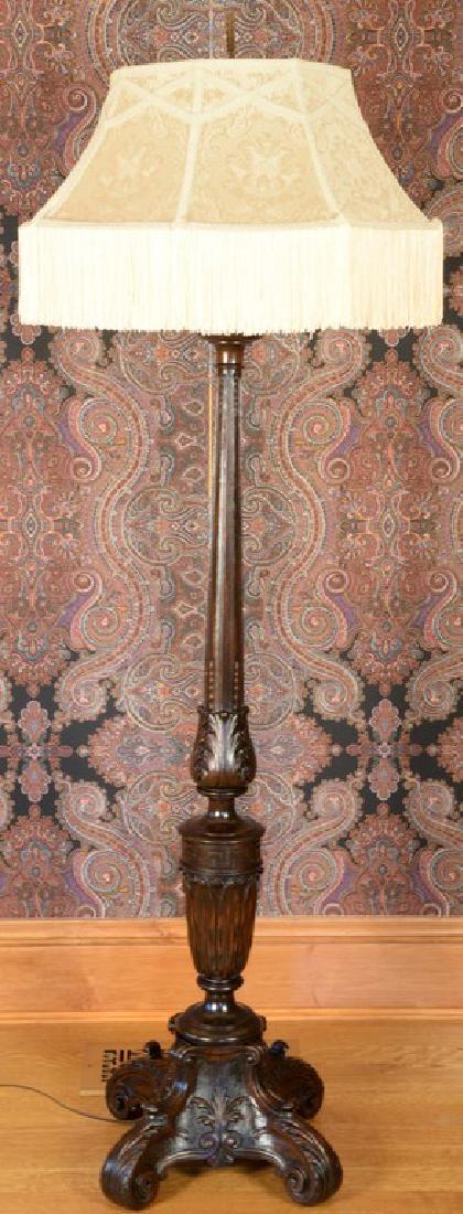 Carved oak floor lamp with custom silk shade. ht. (1 of 4)