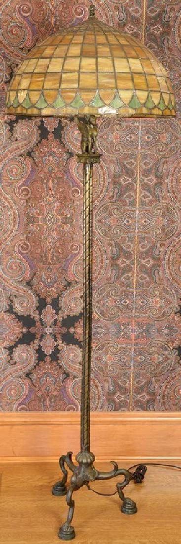Leaded and stained glass shade on metal floor lamp base (1 of 5)