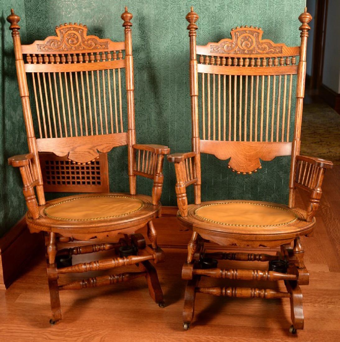 Pair of oak platform rockers with leather seats. ht. (1 of 4)
