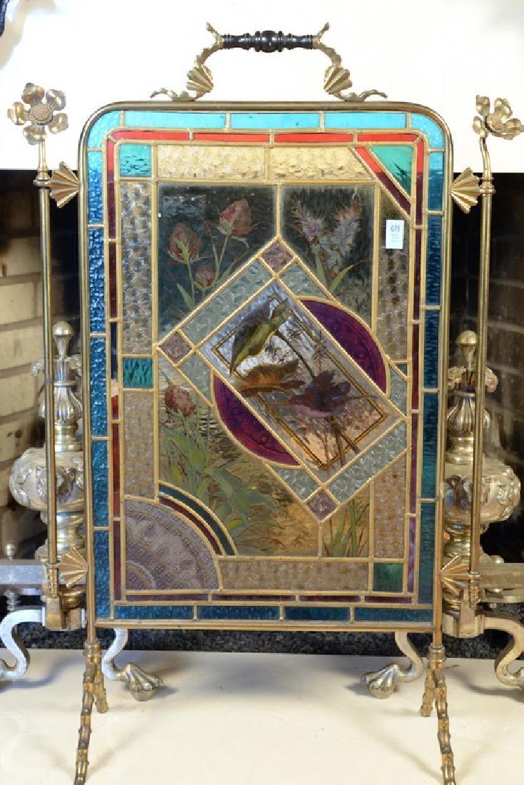 Leaded and stain glass fire screen with brass frame (1 of 6)