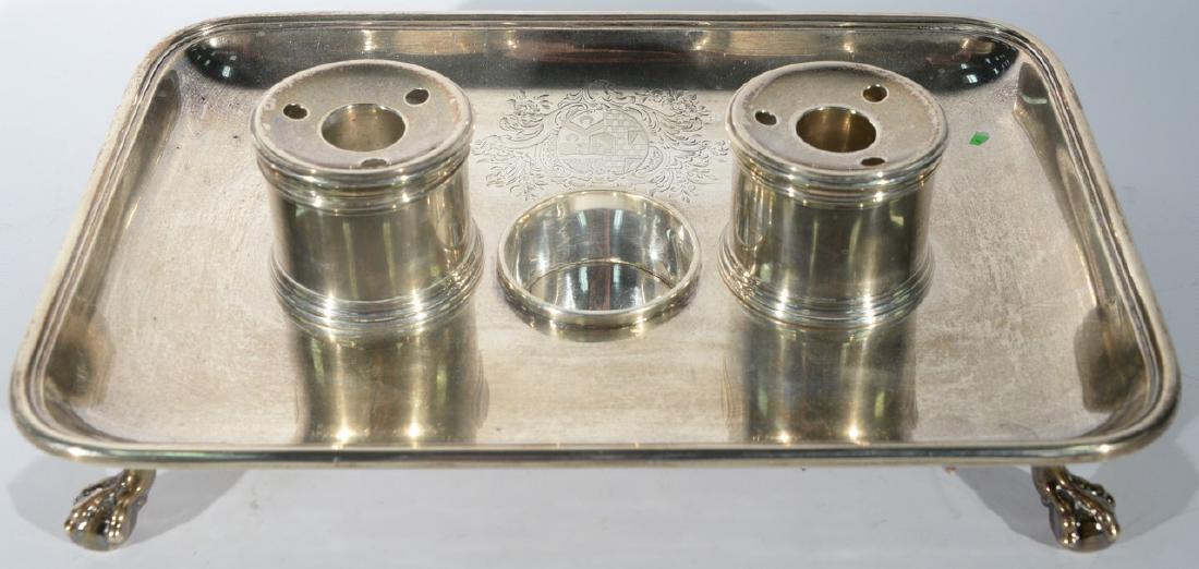 English silver desk set with two silver ink bottles (1 of 4)