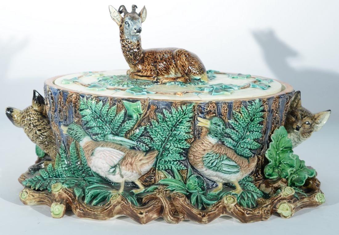 Hugo Lonitz Majolica game tureen having deer atop cover (1 of 7)