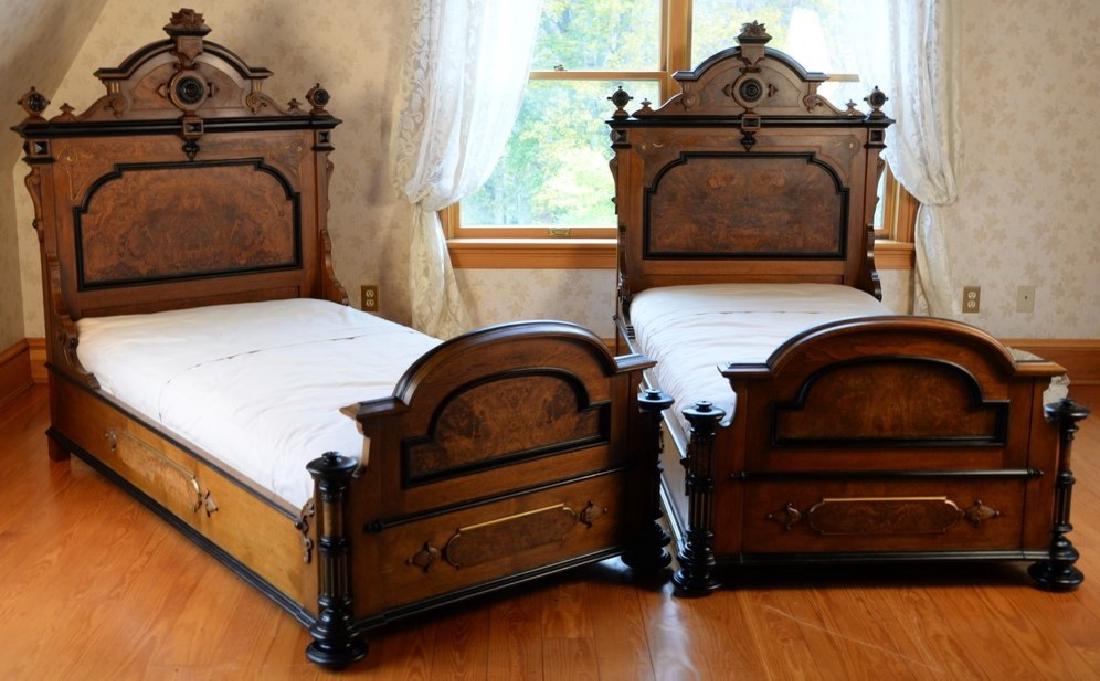 Pair of walnut and burl walnut Victorian twin beds. ht.