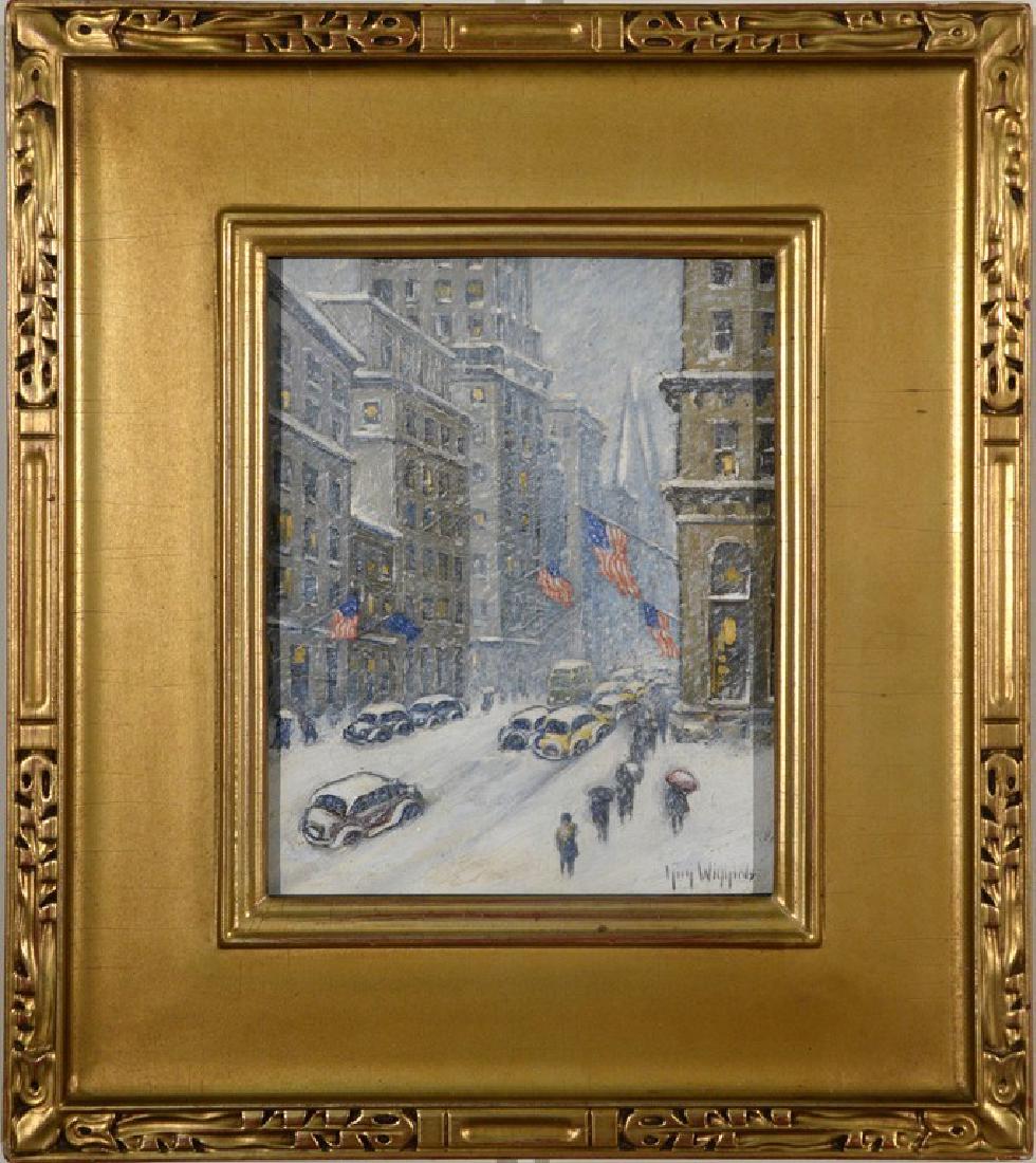 Guy Carleton Wiggins (1883-1962), oil on artist board,: Guy Carleton Wiggins (1883-1962), oil on artist board, Winter on 5th Avenue, Midtown, signed lower right: Guy Wiggins, titled and signed on verso, label on verso: American Art Association Anderson Gal
