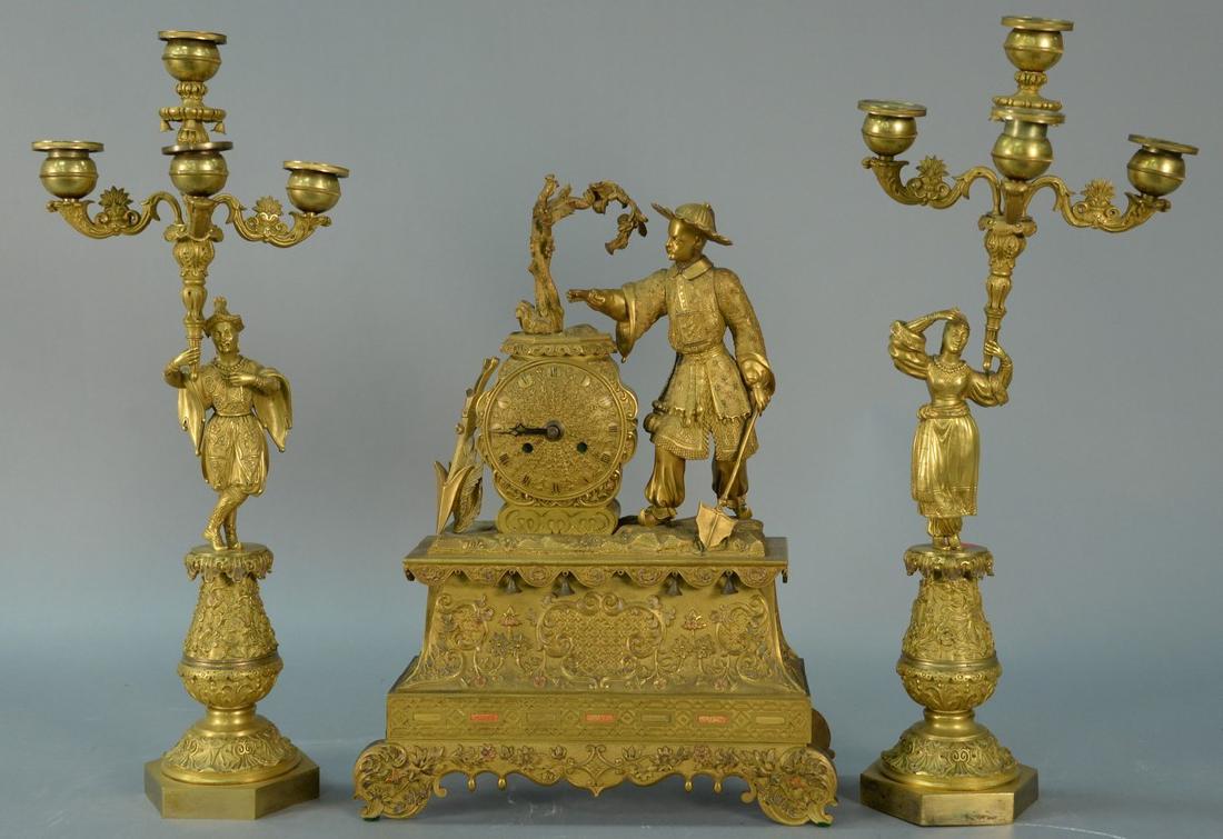 Bronze three piece clock set, clock mounted with (1 of 8)