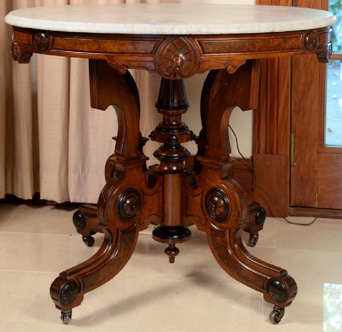 Victorian walnut table with oval marble top. ht. 30in., (1 of 5)