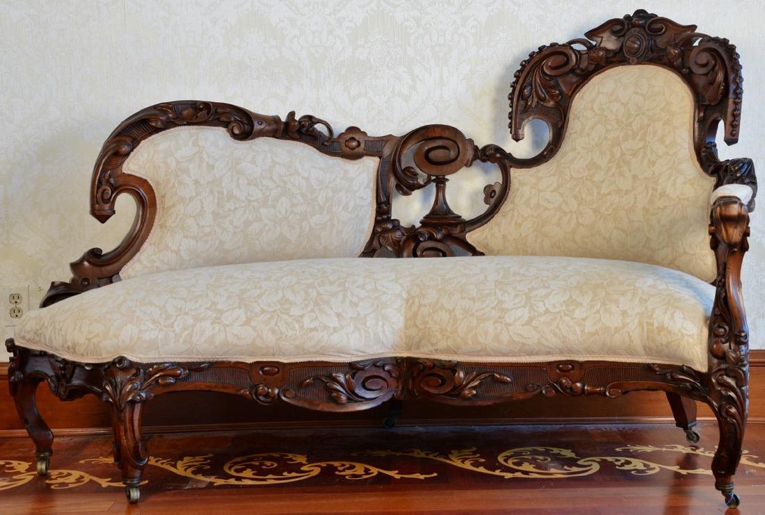 Walnut recamier with pierce carved urn, upholstered (1 of 7)