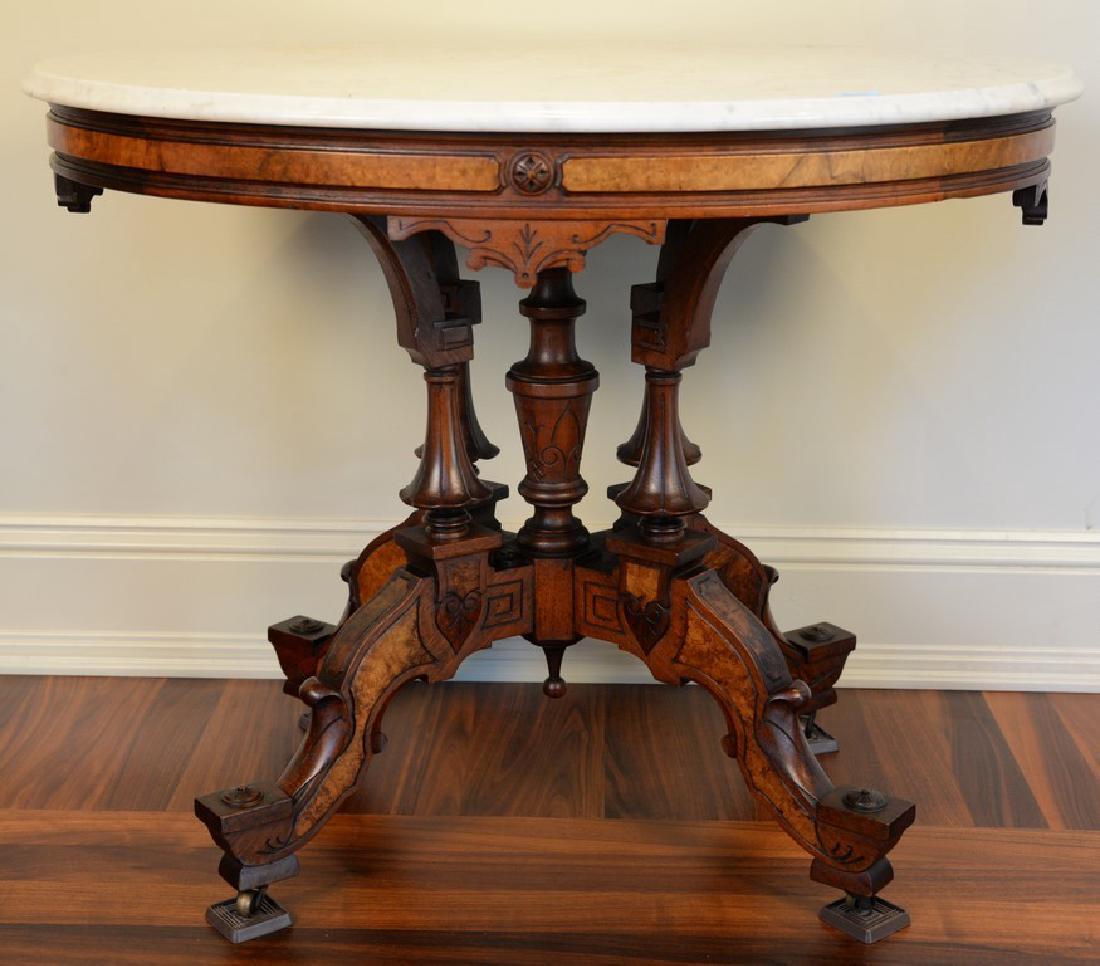 Victorian walnut and burl walnut oval marble top table. (1 of 5)
