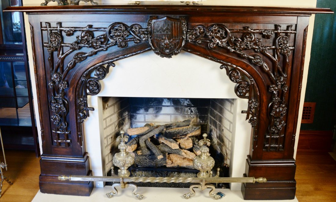 Walnut carved mantle and floral (1 of 8)