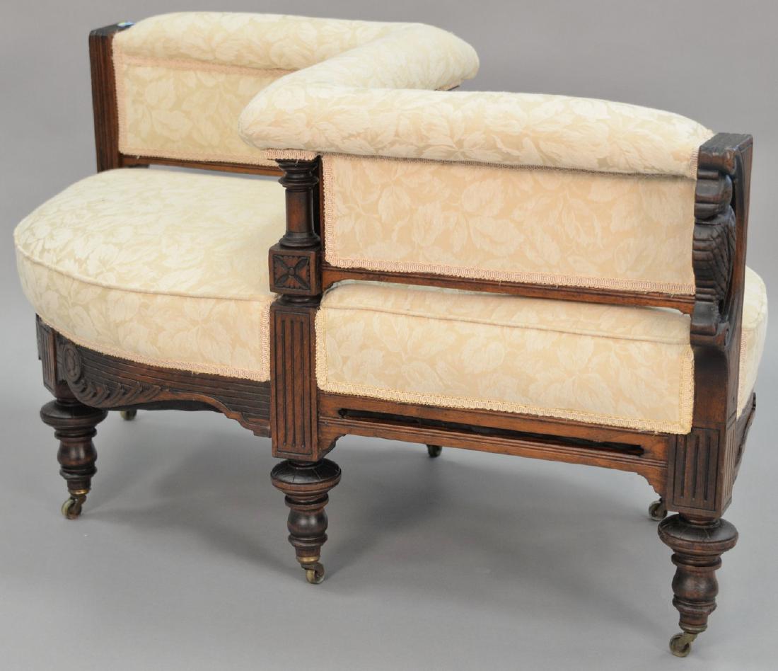 Eastlake Victorian walnut tete-de-tete with carved owl. (1 of 6)