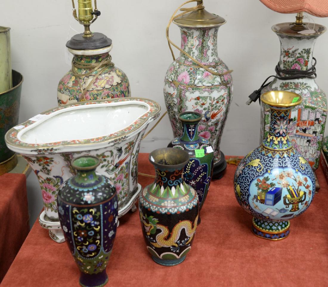 Three Famille Rose table lamps planter on stand and (1 of 6)