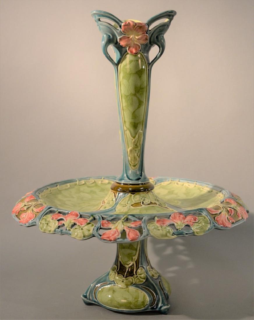 Art Nouveau Majolica epergne with vase. ht. 20in., dia.: Art Nouveau Majolica epergne with vase. ht. 20in., dia. 15 1/2in. Provenance: Property from the Estate of Frank Perrotti Jr. of Hamden, Connecticut