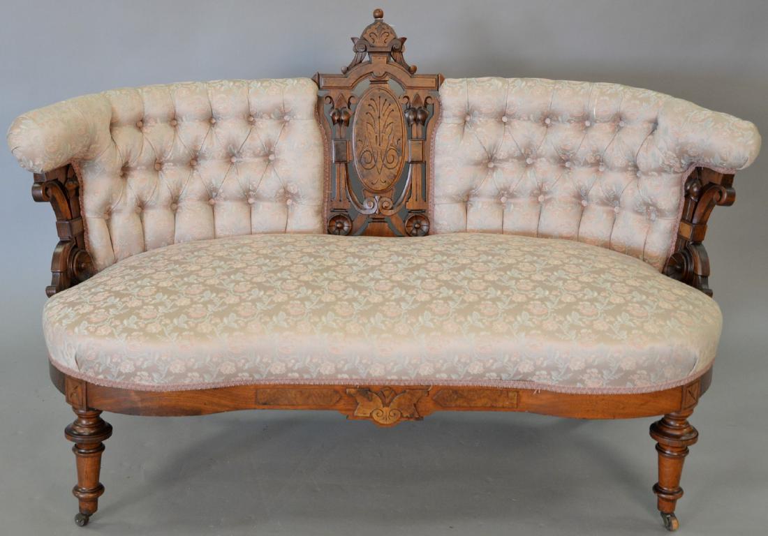 Eastlake Victorian walnut settee with tufted (1 of 5)