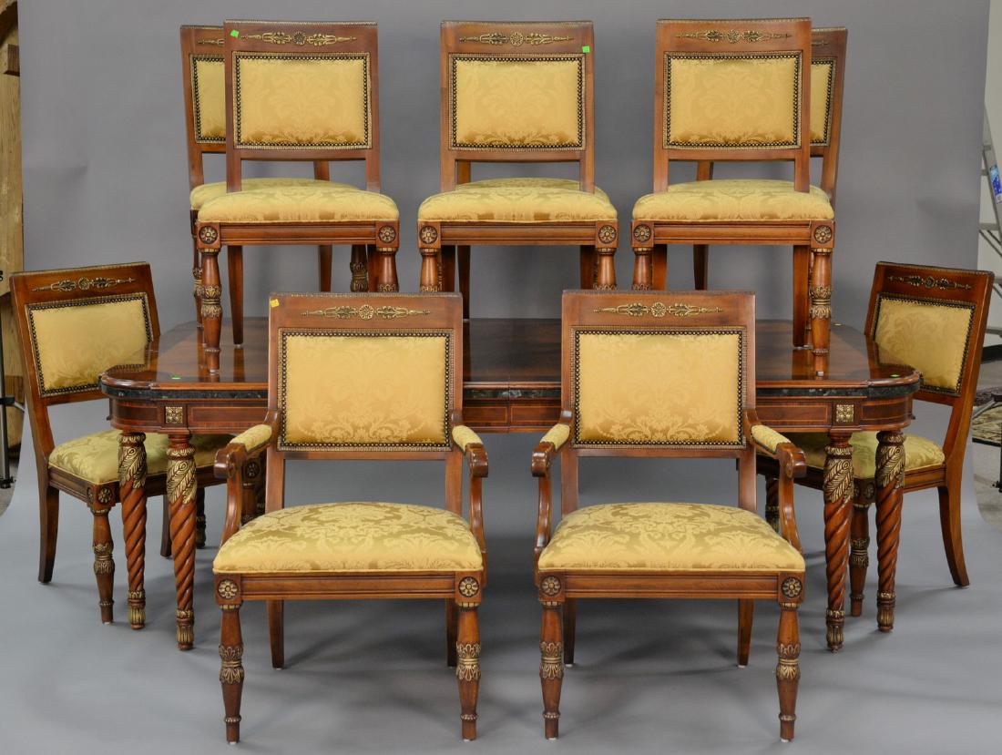 Henredon Grand Provenance dining table and ten chairs,: Henredon Grand Provenance dining table and ten chairs, (very clean condition) with two 22in. leaves and custom pads, table with inlaid top. ht. 30in., open: 53" x 136", closed: 53" x 92"