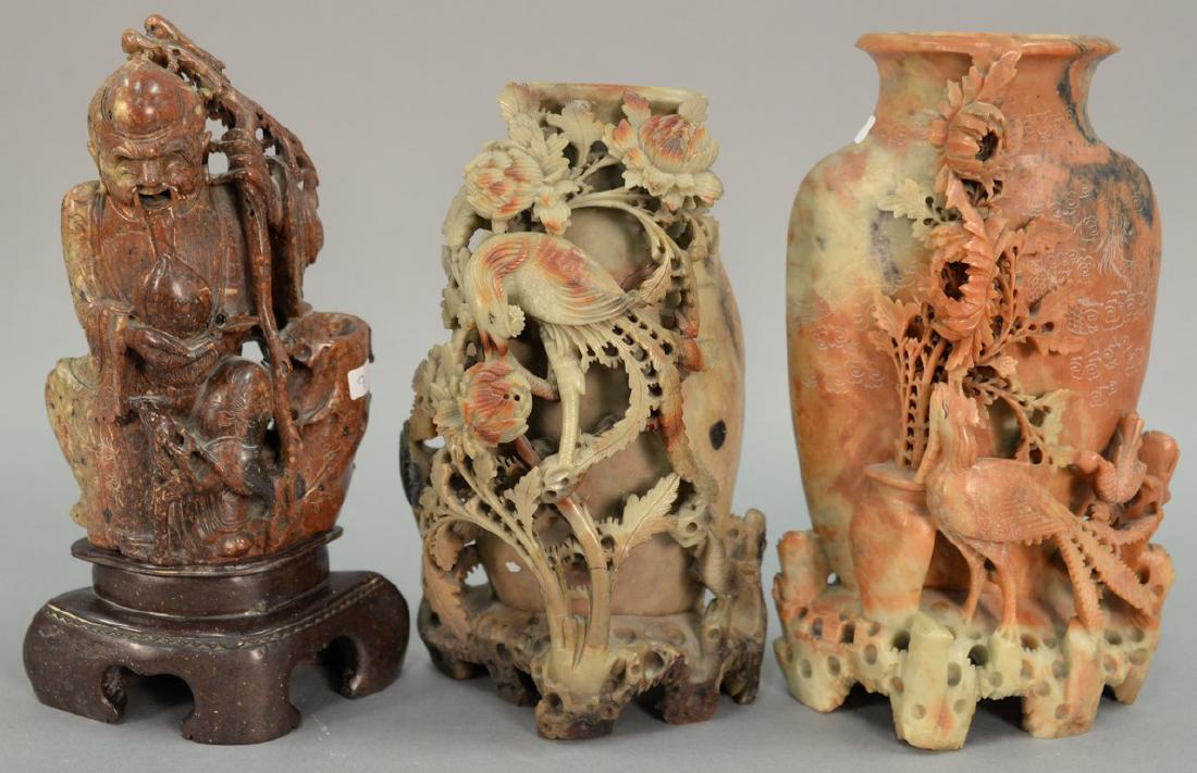 Three piece lot of soapstone to include two vases and: Three piece lot of soapstone to include two vases and 1/2 part diety ht. 9in., 10 1/4in., & 11 1/2in.