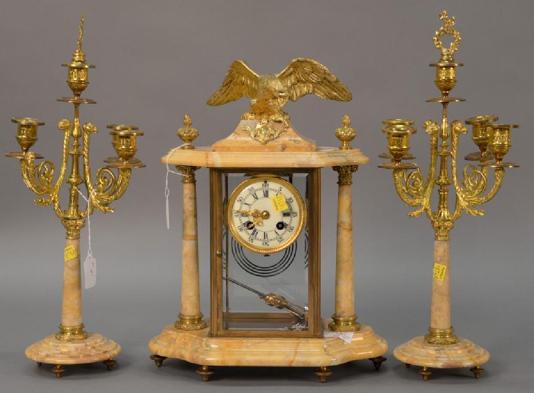 Three piece marble, crystal, and brass clock set (one (1 of 4)