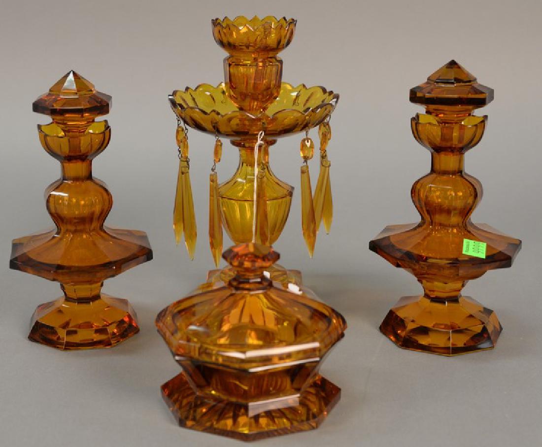 Four piece amber glass set, pair of crystal bottles (1 of 4)