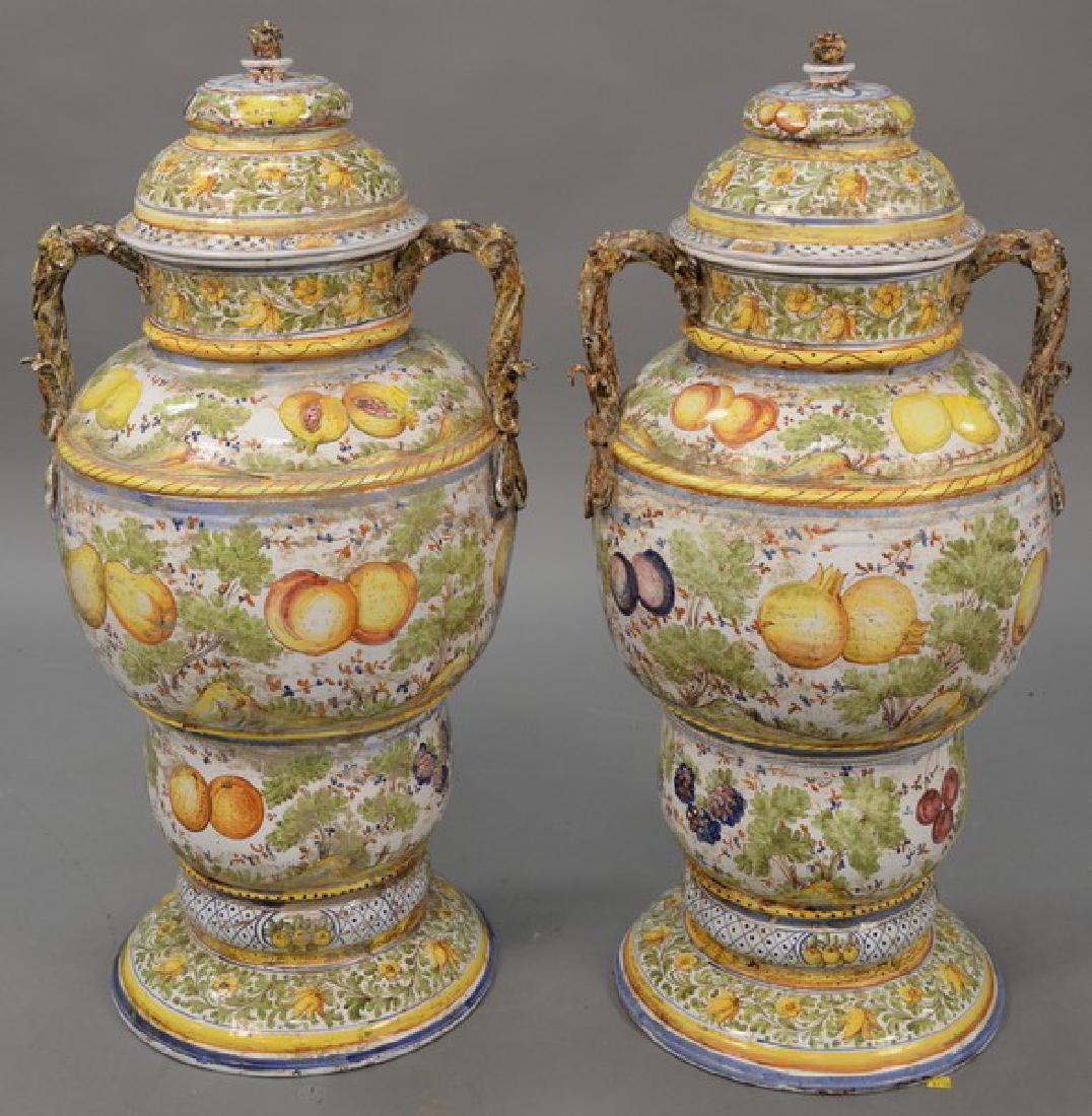 Pair of large Italian Majolica covered urns with (1 of 5)