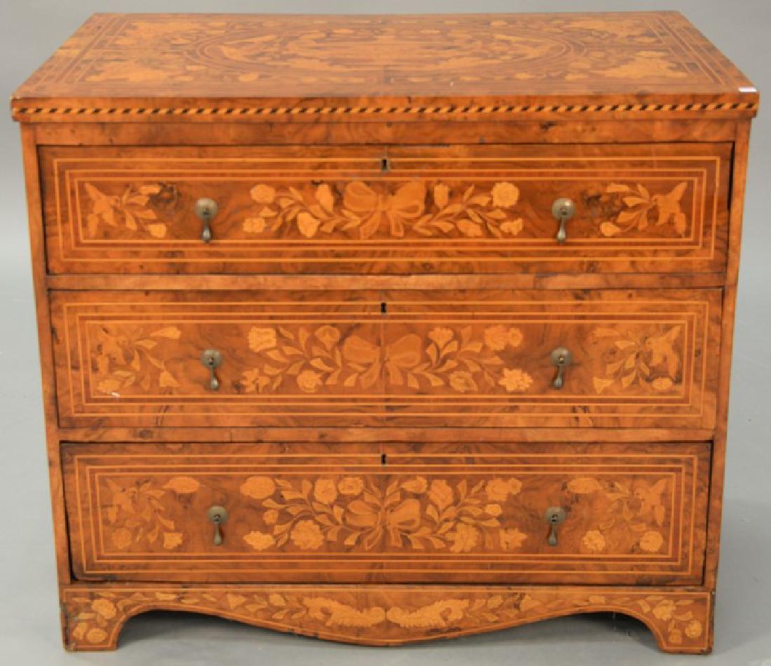 Continental marquetry inlaid three drawer chest, top (1 of 6)