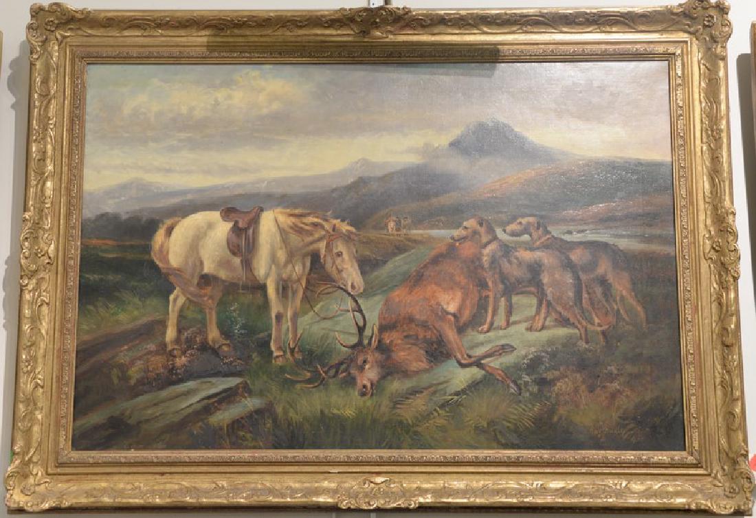 Charles Dudley (19th/20th century), oil on canvas, Elk: Charles Dudley (19th/20th century), oil on canvas, Elk Hunt, signed lower right: Chas Dudley, having WT Burger Co. label on verso, 20" x 30"