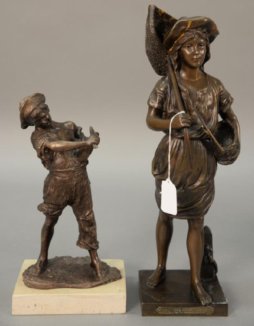 Two figural bronzes including: After Jean Garner: Two figural bronzes including: After Jean Garner (1820-1895), "Pecheuse De Crevettes", signed J. Garnier on base, ht. 16in.; and bronze of a boy opening a bottle with a knife, ht. 11 1/2in.