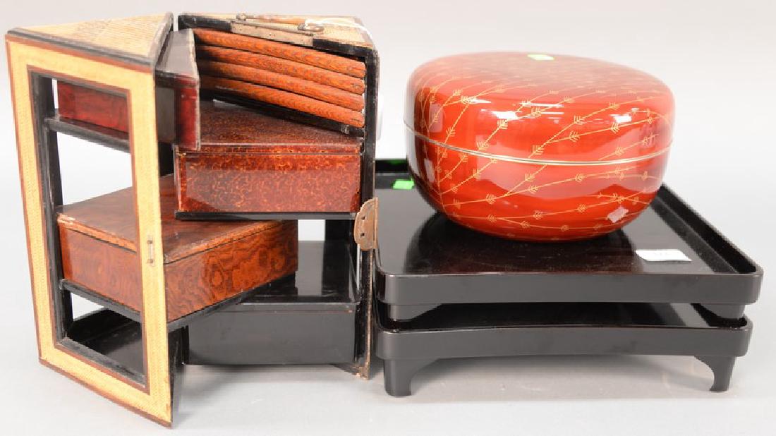 Four piece Japanese lacquered group including a folding (1 of 6)