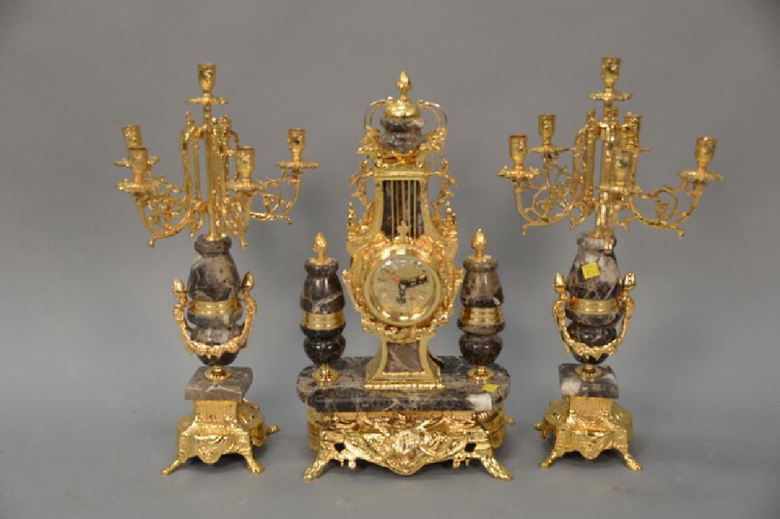 French style marble and brass three piece clock set, (1 of 5)