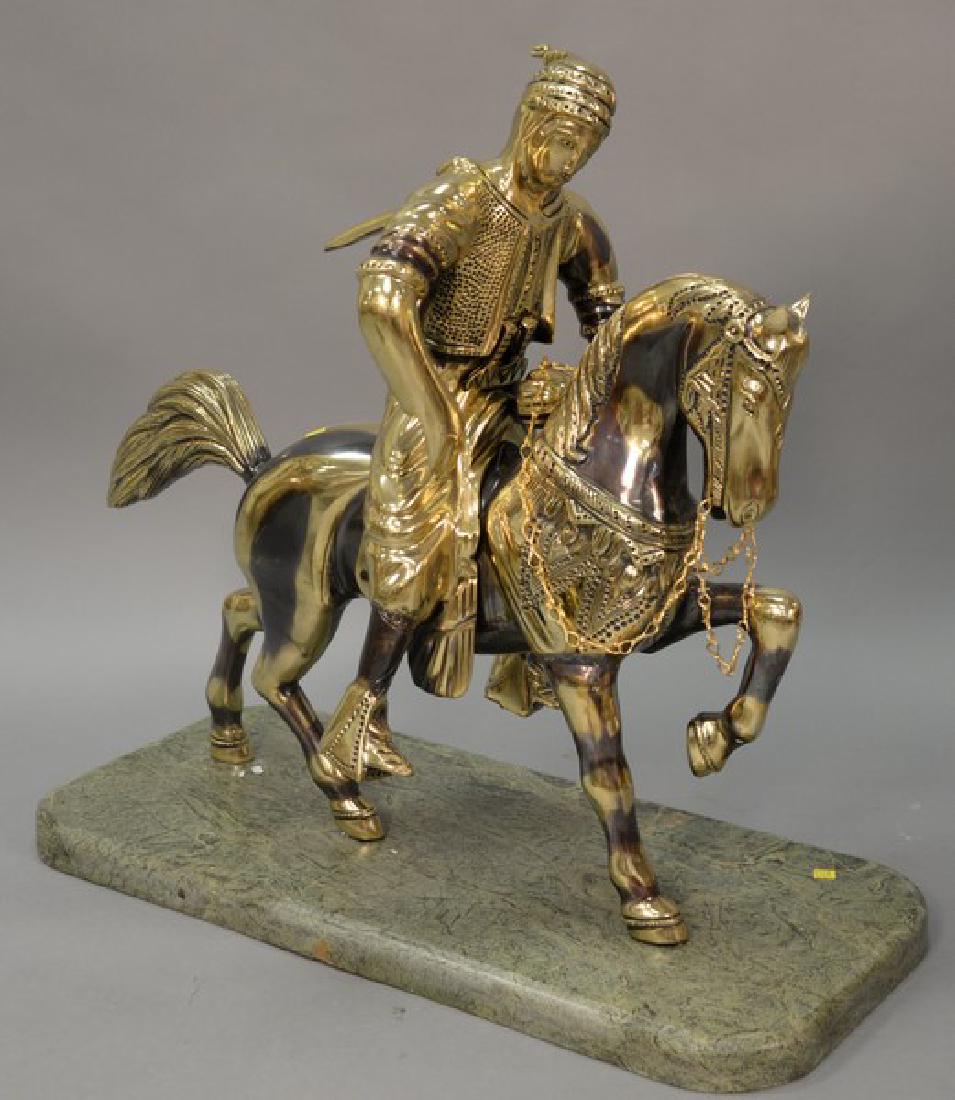 Large contemporary brass horse with rider on marble (1 of 5)