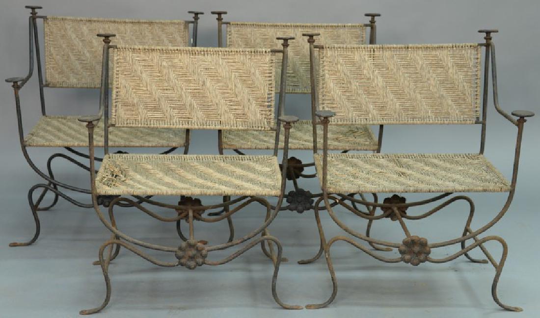 Set of four iron Italian Campaign chairs with woven (1 of 7)