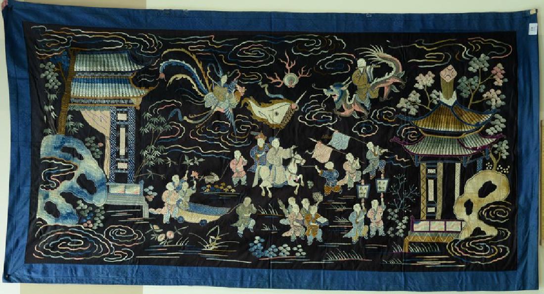 Large Chinese embroidered silk panel, black ground (1 of 4)