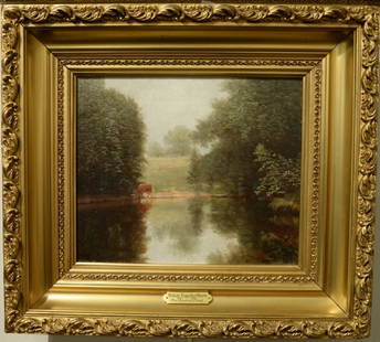 Nelson Augustus Moore (1824-1902) oil on canvas "The: Nelson Augustus Moore (1824-1902) oil on canvas "The Covered Pond" signed lower left: N. A. Moore 10 3/4" x 12 1/4" Provenance: From The Thomas and Alice Kugelman Collection to The Estate of Joe