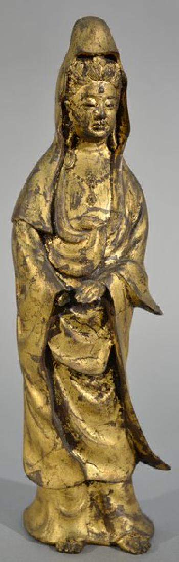 Chinese gilt bronze figure of a standing guanyin draped (1 of 5)