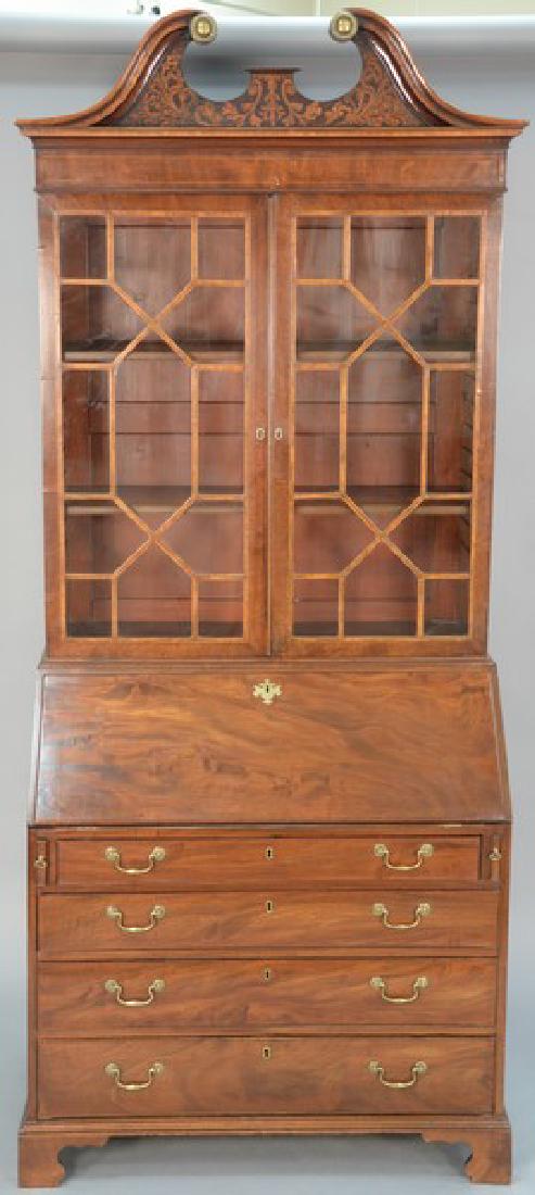 George III mahogany secretary desk in two parts with: George III mahogany secretary desk in two parts with two glazed doors over drop front desk with leather writing surface over four drawers on bracket feet. height 96 inches, case width 40 inches