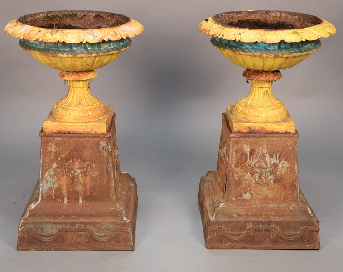 Pair of Victorian iron urns on stands.  height 36 (1 of 4)