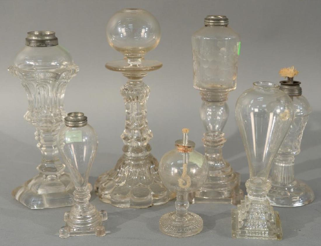 Seven piece lot of flint and sandwich glass oil lamps. (1 of 4)