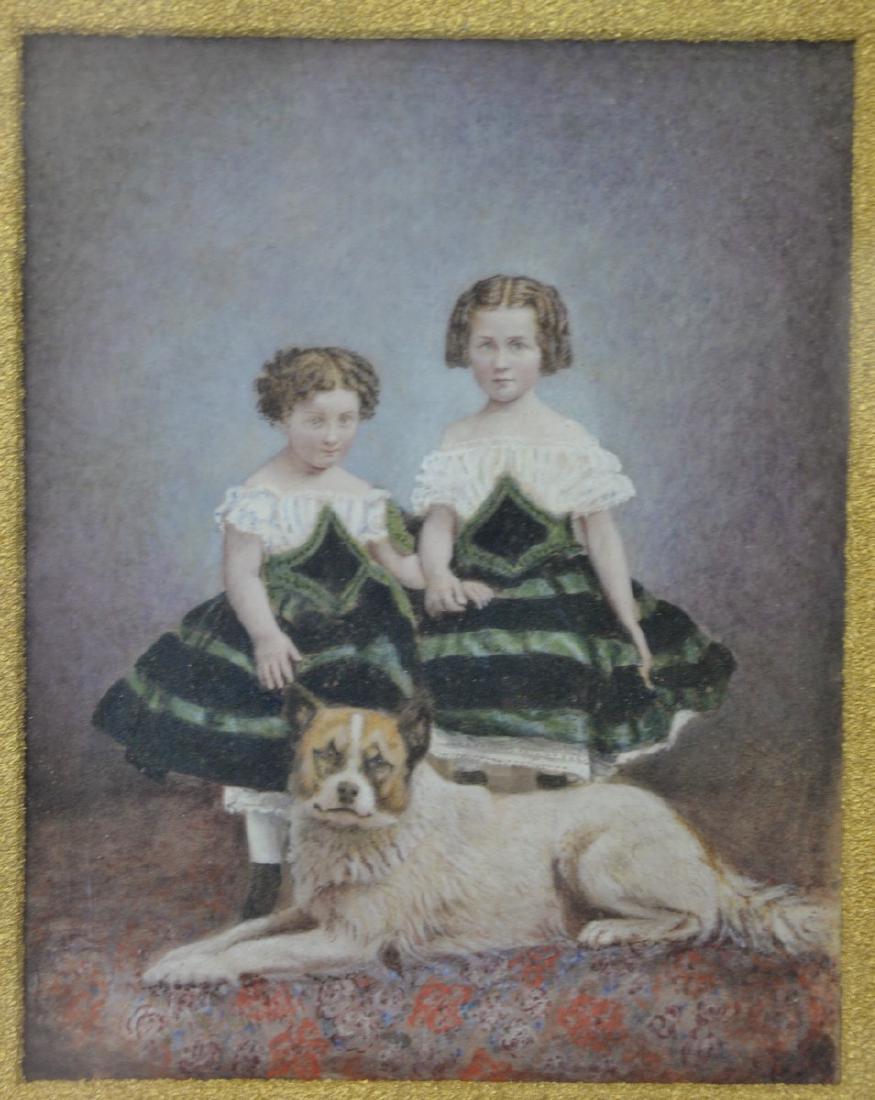 Victorian watercolor of two young girls with a dog, (1 of 4)