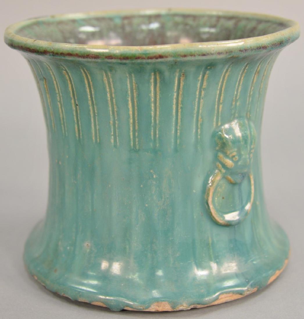 Chinese green glazed stoneware pot with molded foo dog (1 of 5)