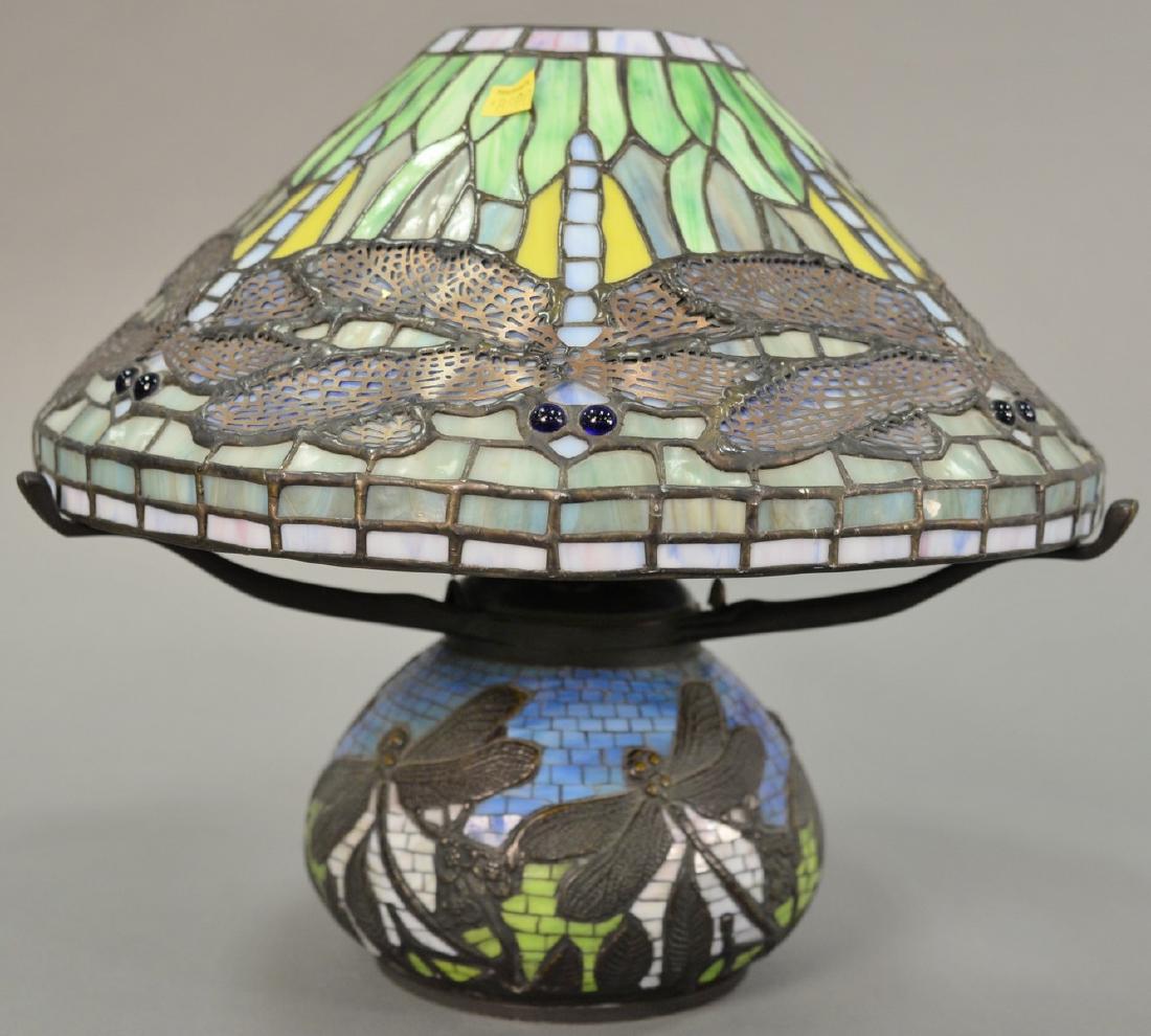 Leaded table lamp with dragonflies, late 20th century. (1 of 3)