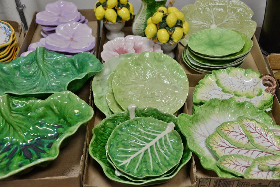 Six tray lots including Vietri leaf plates, flower: Six tray lots including Vietri leaf plates, flower plates, pair of Folha De Couve leaf bowls, cabbage leaf pitcher, lemon candlesticks, etc. Provenance: From the Estate of Faith K. Tiberio of Sherborn