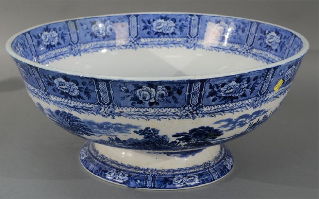 Large English blue and white footed punch bowl having (1 of 8)