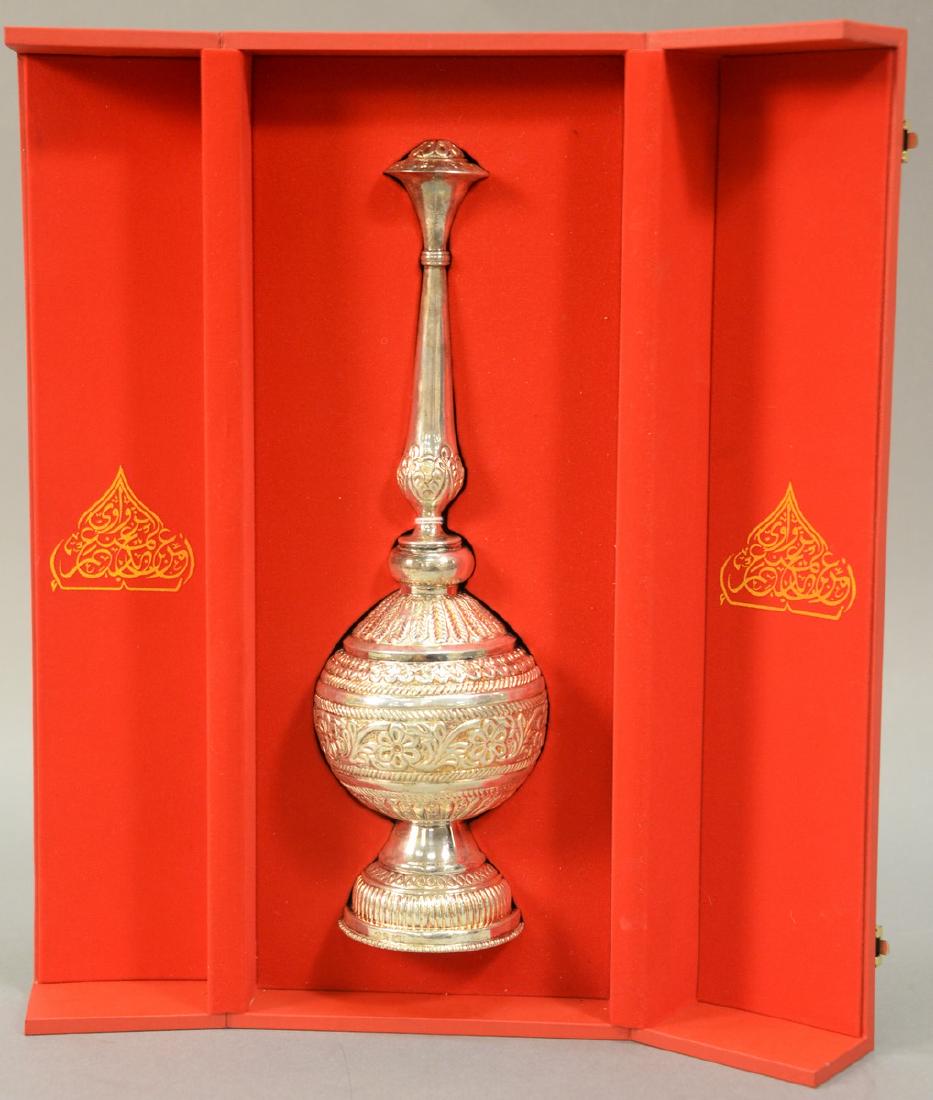 Arabic silver incense burner in original fitted box.: Arabic silver incense burner in original fitted box. height 12 1/2 inches. Provenance: Estate of Peggy & David Rockefeller having stamp/label.