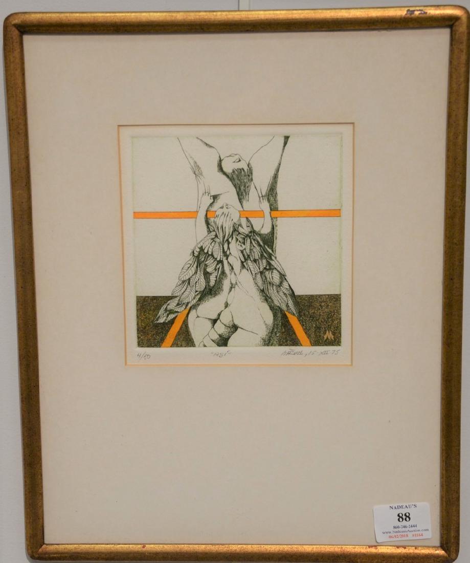 Ignacio Jose Marmol (1934-1994), colored etching,: Ignacio Jose Marmol (1934-1994), colored etching, "Asi", numbered 4/50, signed and dated in pencil lower right: Marmol 15-XII-75, having Ignacio Marmol Mater Australis label on verso inscribed to Rock