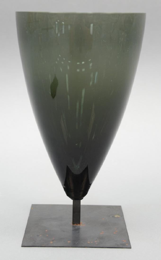 Smoke art glass vase mounted on square iron base.: Smoke art glass vase mounted on square iron base. height 12 1/4 inches, diameter 7 inches. Provenance: Estate of Peggy & David Rockefeller having stamp/label.