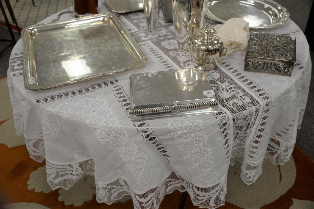 Thirteen piece lot to include four tablecloths, three: Thirteen piece lot to include four tablecloths, three round and one rectangle, and nine napkins. Provenance: Estate of Peggy & David Rockefeller having stamp/label.