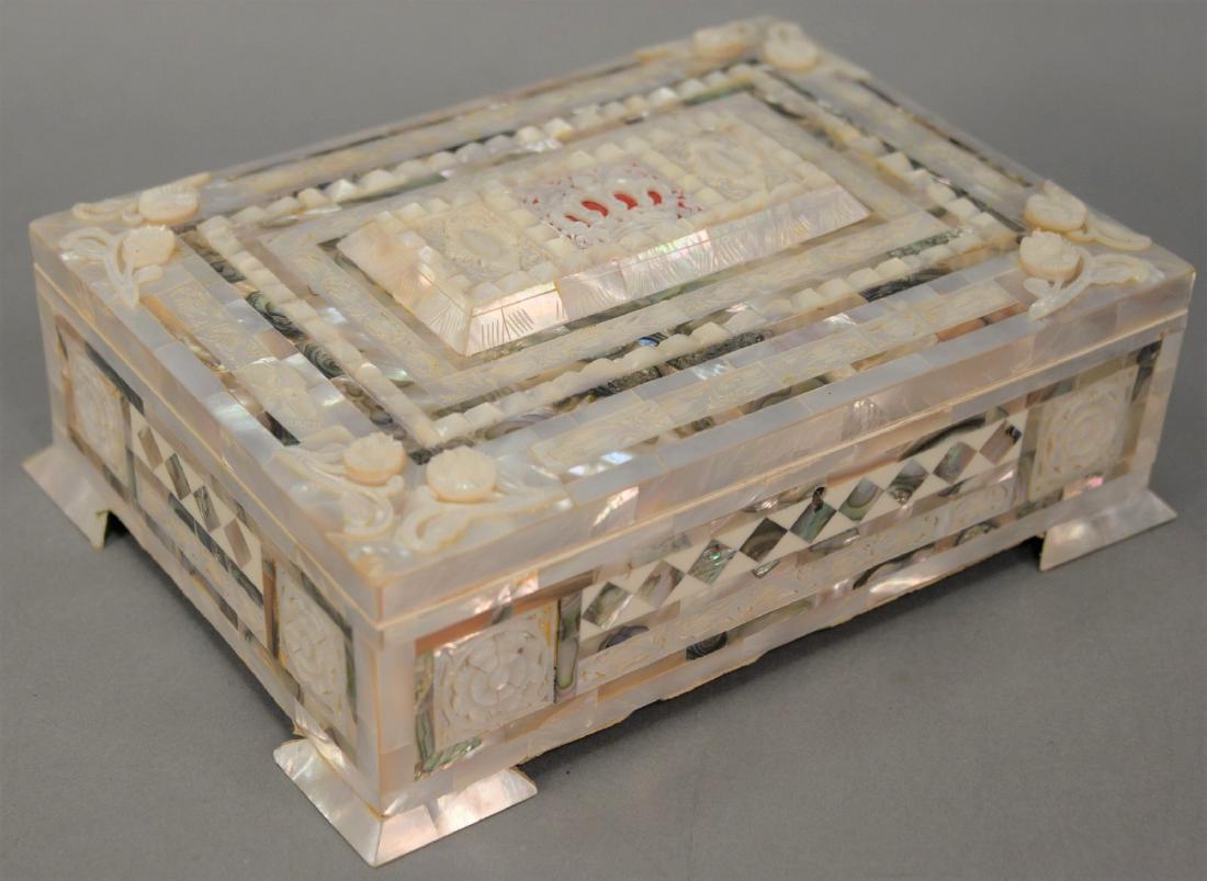 Large mother of pearl and abalone inlaid box having (1 of 4)