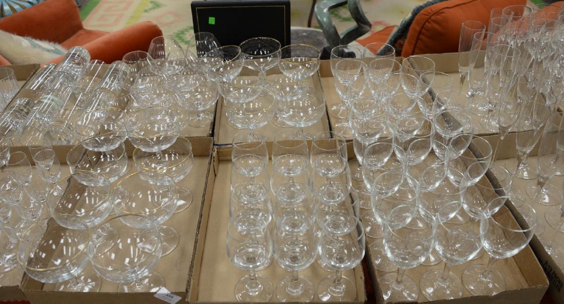 Six box lots of crystal and glass wine glasses, stem: Six box lots of crystal and glass wine glasses, stem glasses, etc. Provenance: Estate of Peggy & David Rockefeller having stamp/label.