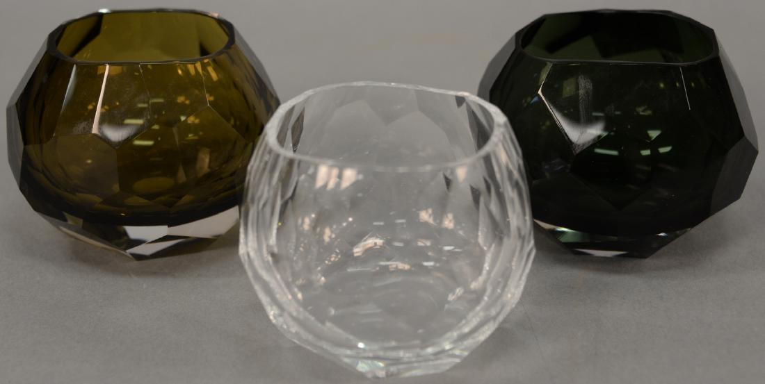 Set of three Artel Glacier, designed by David Wiseman: Set of three Artel Glacier, designed by David Wiseman Double old fashioned glasses, vases or bowls, olive, smoke, and clear crystal, all in original boxes ($357 each new). heights 3 inches Provenance